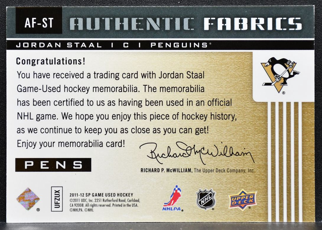 2011-12 SP Game Used Authentic Fabrics Jordan Staal AF-ST Penguins Jersey 9860