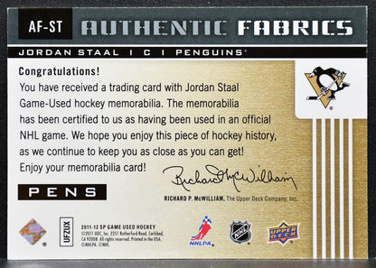 2011-12 SP Game Used Authentic Fabrics Jordan Staal AF-ST Penguins Jersey 9860