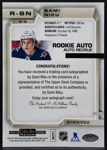 2018-19 O-Pee-Chee Platinum Rookie Autos Sami Niku R-SN Winnipeg Jets RC Auto