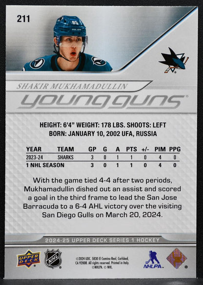 2024-25 Upper Deck Series 1 Young Guns Shakir Mukhamadullin 211 Sharks RC 2904
