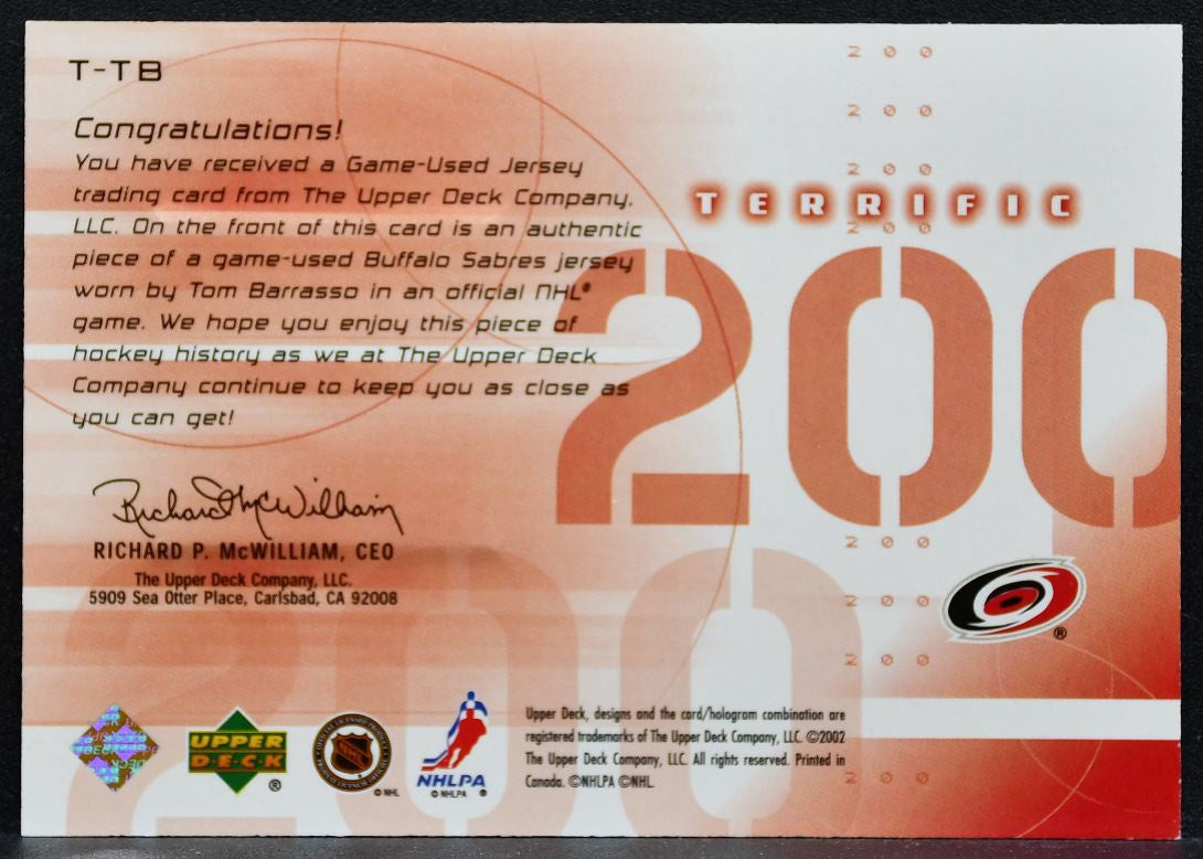 2001-02 UD Challenge for the Cup Terrific 200 Tom Barrasso Jersey 9516