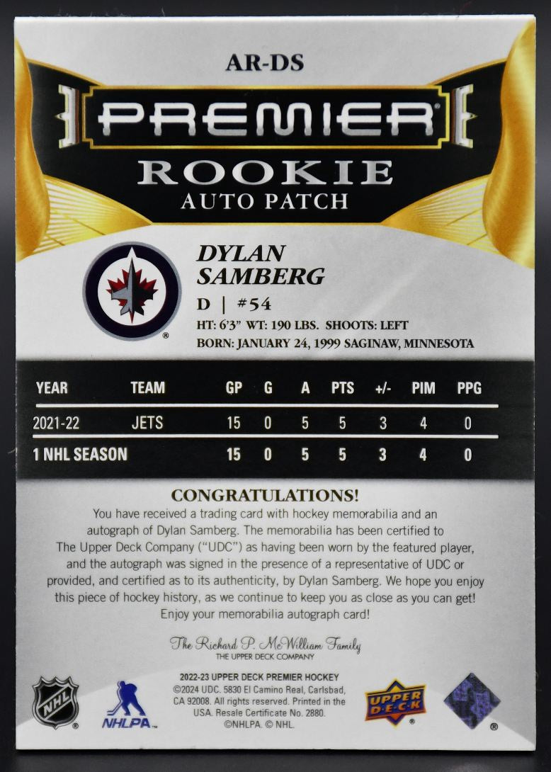 2022-23 UD Premier Dylan Samberg AR-DS Winnipeg Jets RC Auto 194/249 Patch