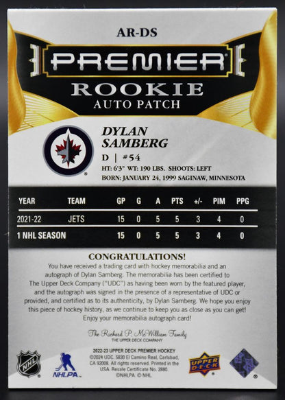 2022-23 UD Premier Dylan Samberg AR-DS Winnipeg Jets RC Auto 194/249 Patch