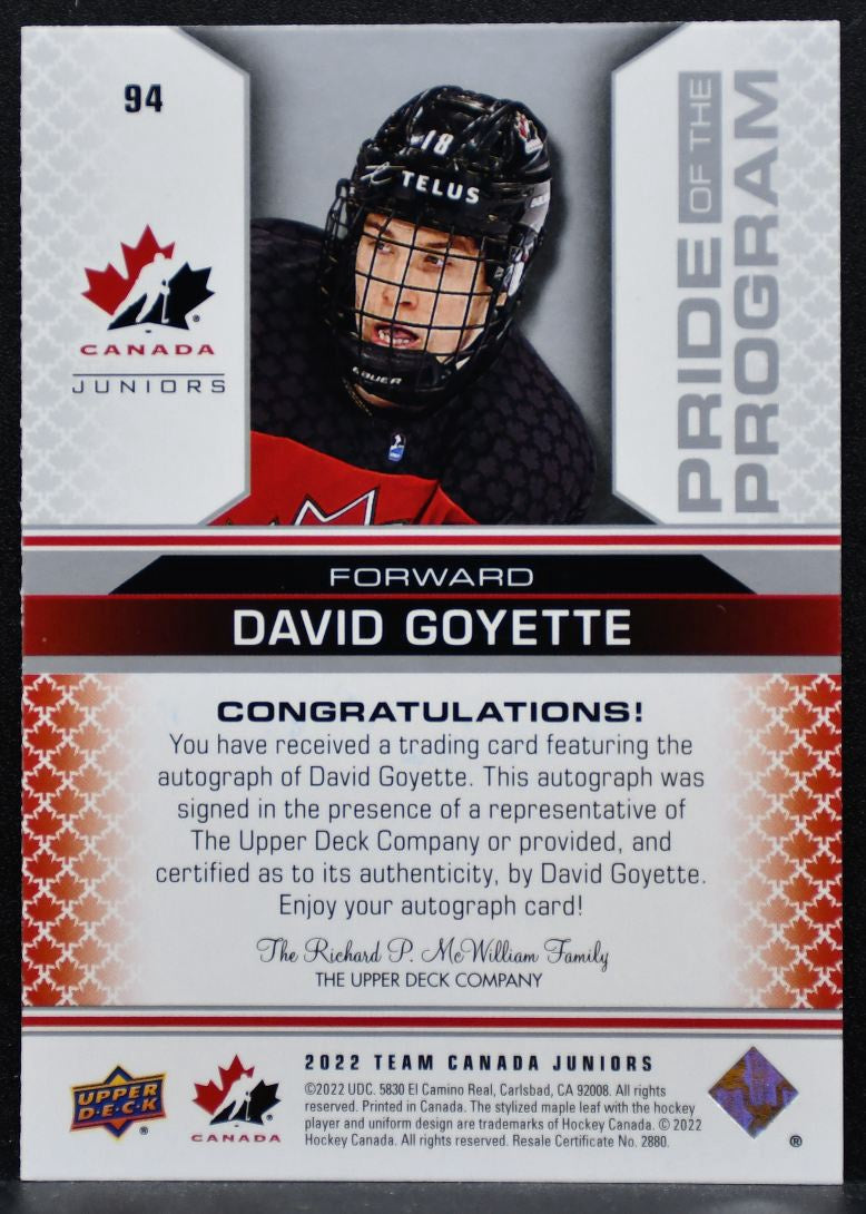 2022-23 UD Team Canada Juniors Pride of the Program Auto Gold Lindholm Auto 6495