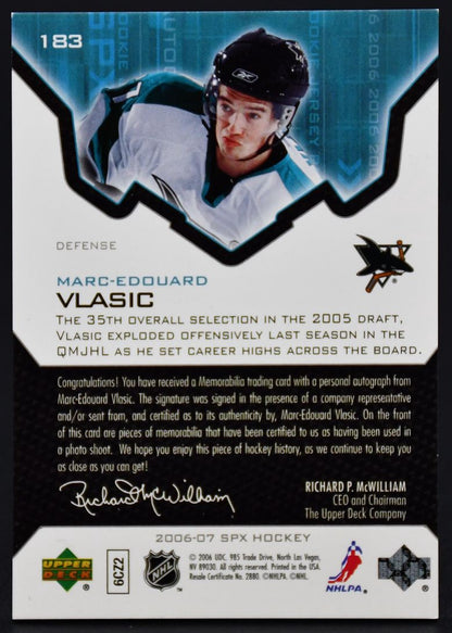 2006-07 UD SPx Marc-Edouard Vlasic 183 San Jose Sharks Auto /1299 Jersey
