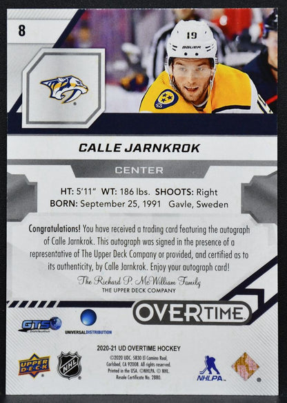 2020-21 UD Overtime Gold Foil Autographs Calle Jarnkrok 8 Predators Auto 0034