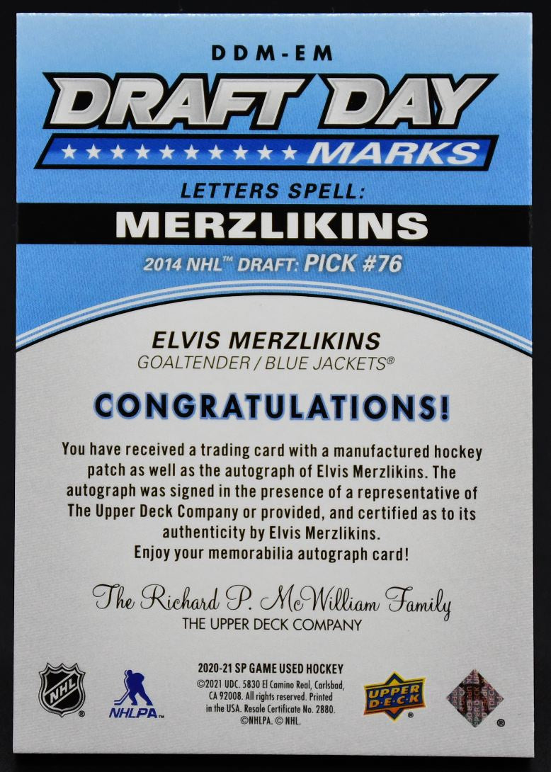 2020-21 SP Game Used Draft Day Marks Elvis Merzlikins DDM-EM RC Auto 31/35 Patch