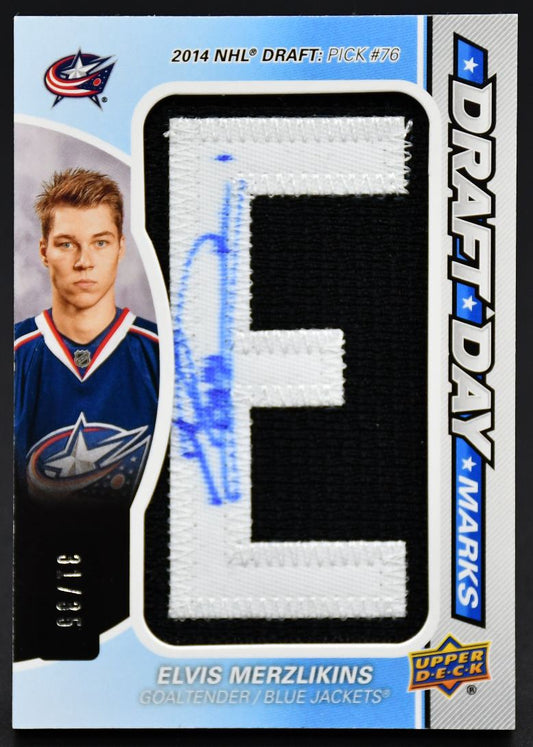 2020-21 SP Game Used Draft Day Marks Elvis Merzlikins DDM-EM RC Auto 31/35 Patch