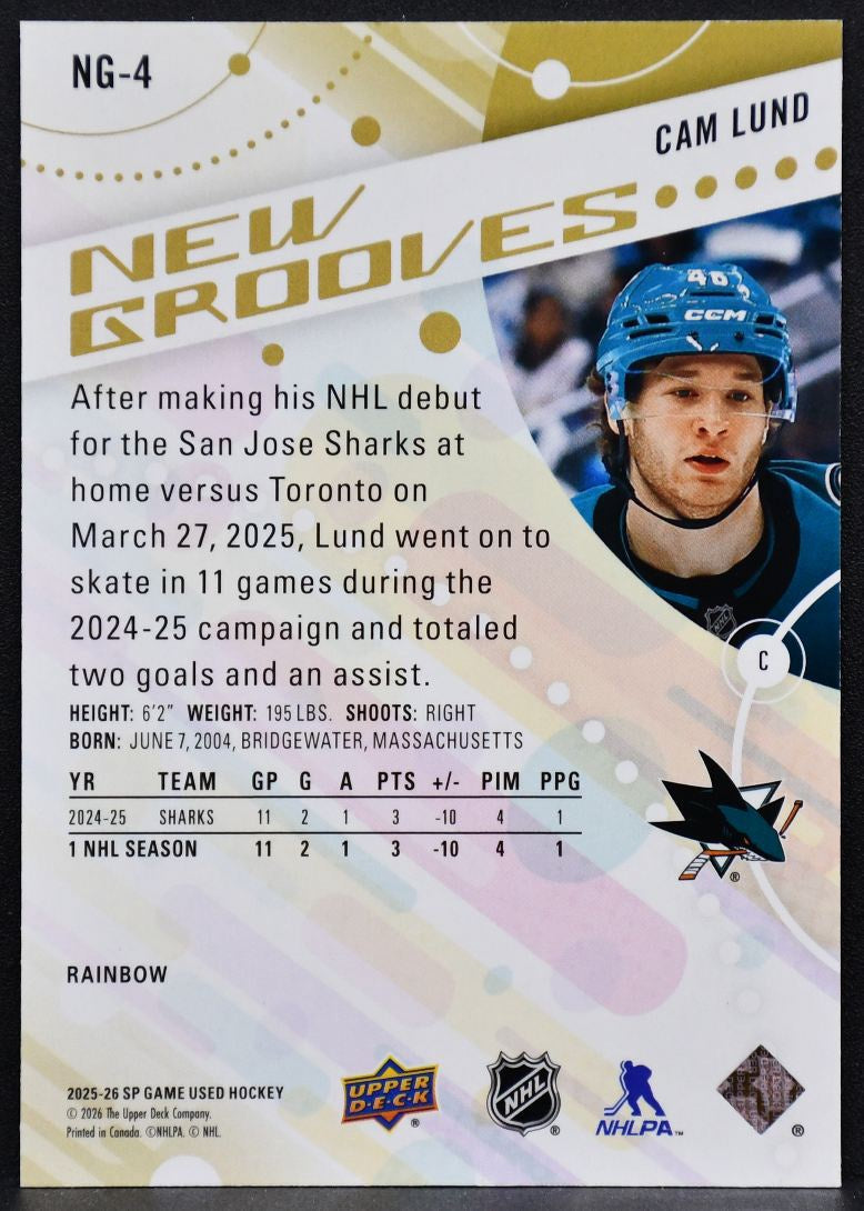 2025-26 SP Game Used New Grooves Rainbow Cam Lund NG-4 San Jose Sharks RC 53/99 7024