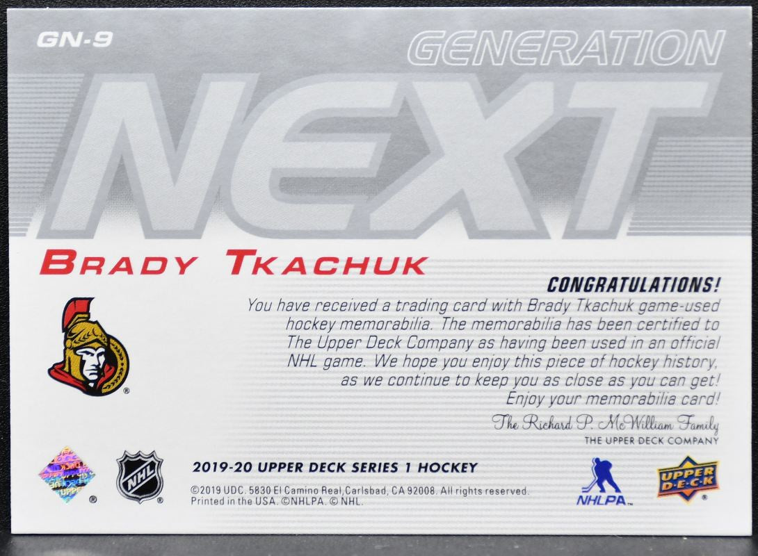 2019-20 Upper Deck Generation Next Jersey Brady Tkachuk Senators Jersey 7931