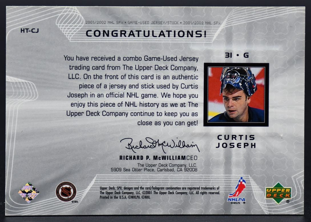 2001-02 SPx Hockey Treasures Curtis Joseph Toronto Maple Leafs Jersey Stick