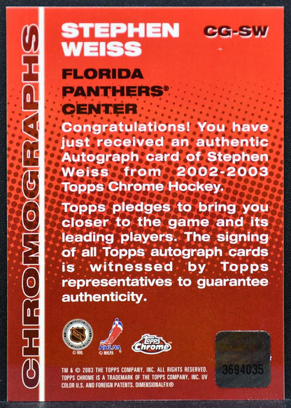 2002-03 Topps Chrome Chromographs Stephen Weiss CG-SW Florida Panthers Auto 1783