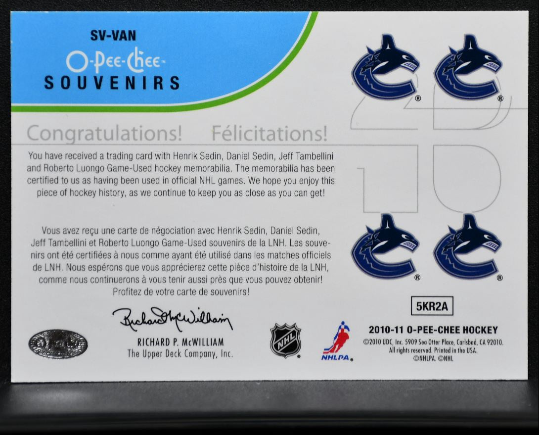 2010-11 OPC Souvenirs Tambellini/Sedin/Luongo/Sedin Jersey 7475