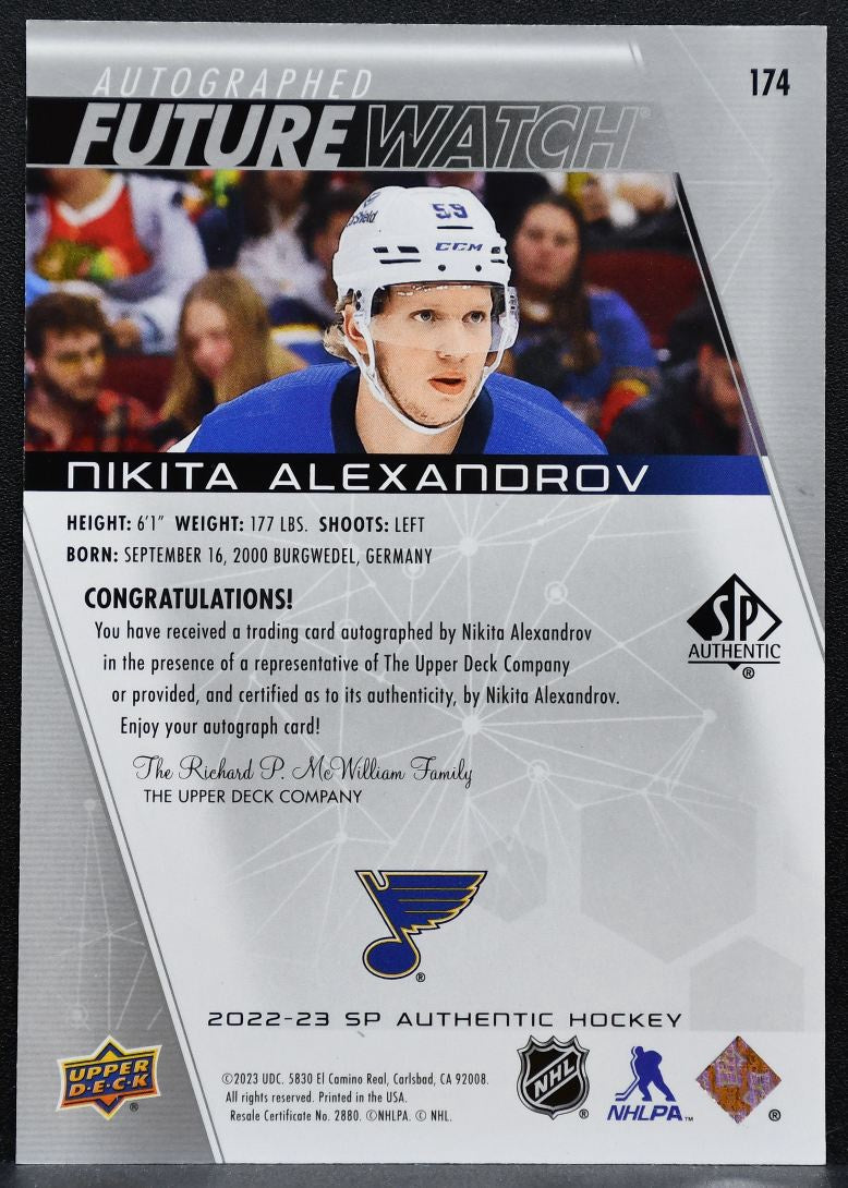 2022-23 SP Authentic Future Watch Auto Nikita Alexandrov RC Auto 975/999 2909