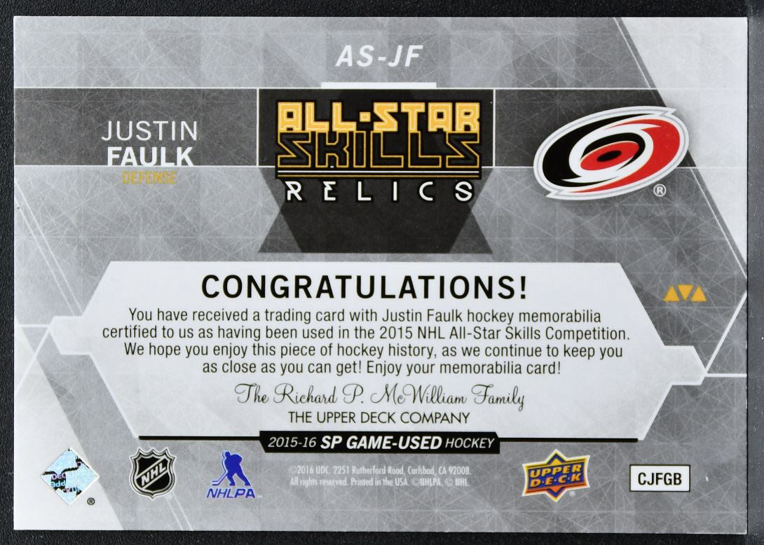 2015-16 SP Game Used 2015 All-Star Skills Relics Justin Faulk Jersey 2075