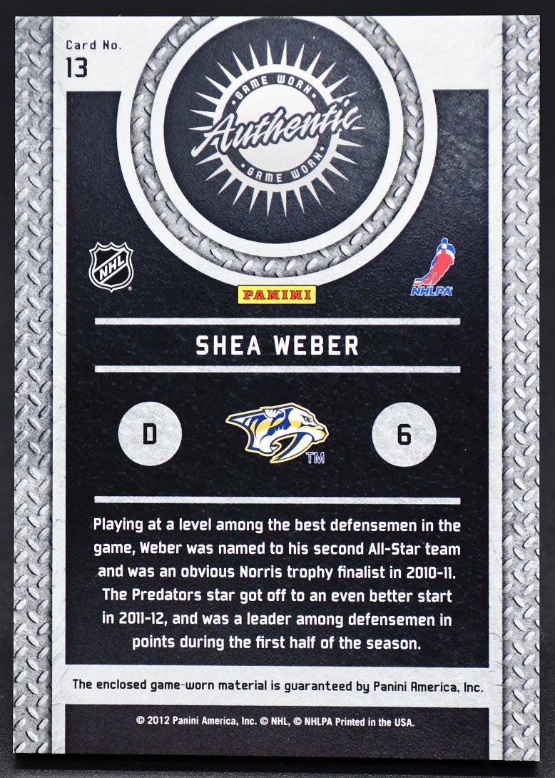 2011-12 Panini Titanium Game Worn Gear Prime Shea Weber 13 12/25 Jersey