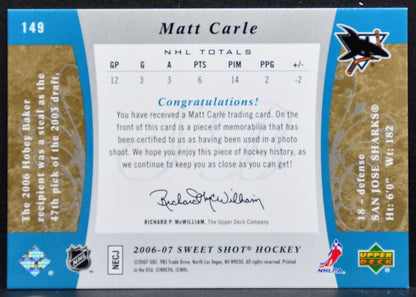 2006-07 UD Sweet Shot Beginnings Rookie Jersey Carle RC 191/499 Jersey 4507