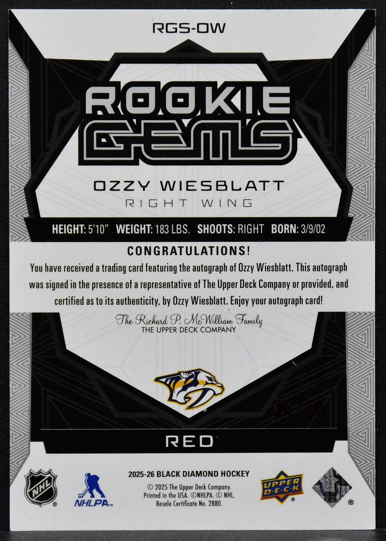 25-26 UD Black Diamond RC Gems Signatures Red Wiesblatt Predators RC Auto /10 9171