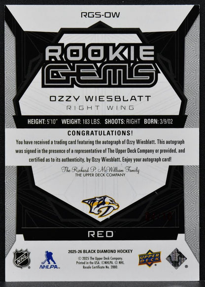 25-26 UD Black Diamond RC Gems Signatures Red Wiesblatt Predators RC Auto /10 9171