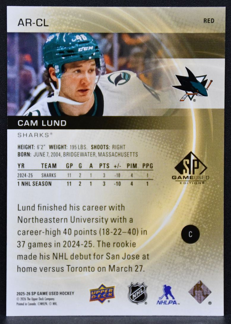 2025-26 SP Game Used Authentic RC Red Cam Lund AR-CL San Jose Sharks RC 029/399 6973