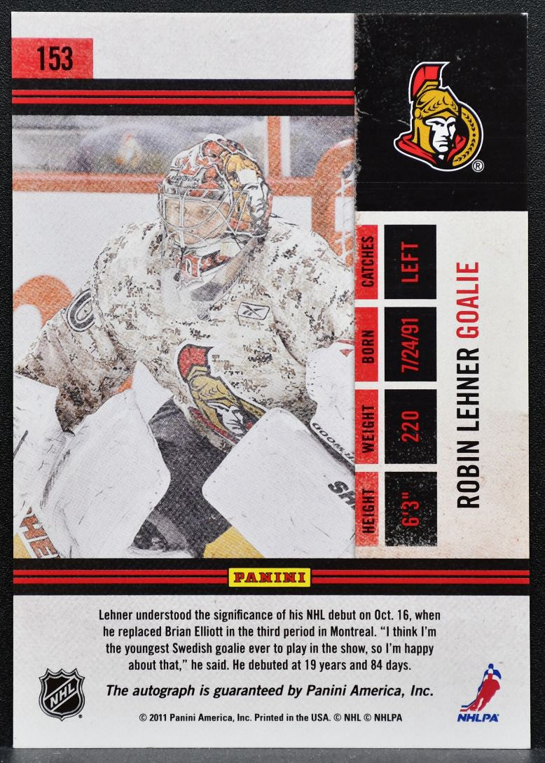 2010-11 Panini Playoff Contenders Robin Lehner 153 Ottawa Senators RC Auto 1650