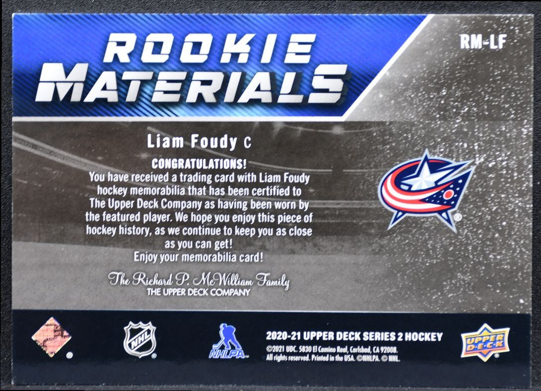 2020-21 UD Series 2 Rookie Materials Foudy Blue Jackets RC Jersey 1700