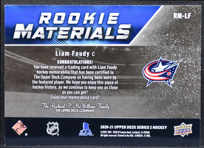 2020-21 UD Series 2 Rookie Materials Foudy Blue Jackets RC Jersey 1700