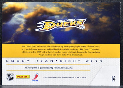 2011-12 Panini Pinnacle Game Night Materials Bobby Ryan Anaheim Ducks Auto 7317