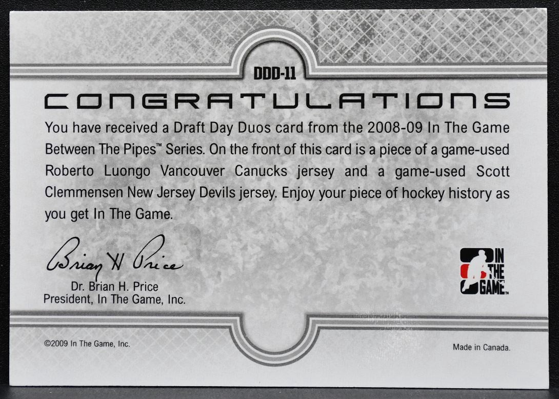 2008-09 ITG BtP Draft Day Duos Luongo/Clemmensen Canucks/Devils RC Jersey 4565