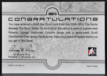 2008-09 ITG BtP Draft Day Duos Luongo/Clemmensen Canucks/Devils RC Jersey 4565