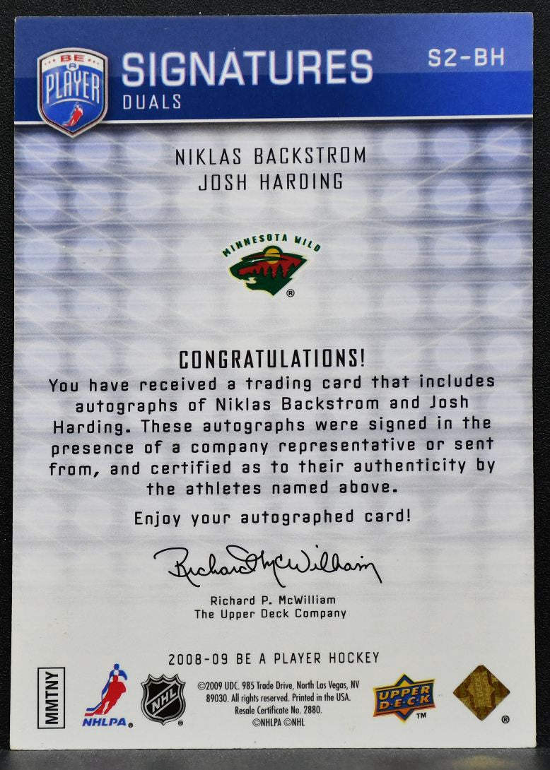 2008-09 UD Be a Player Signatures Duals Backstrom/Harding Wild Auto 0590