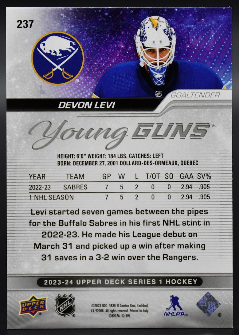 2023-24 UD Series 1 Devon Levi 237 Buffalo Sabres RC