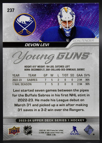 2023-24 UD Series 1 Devon Levi 237 Buffalo Sabres RC