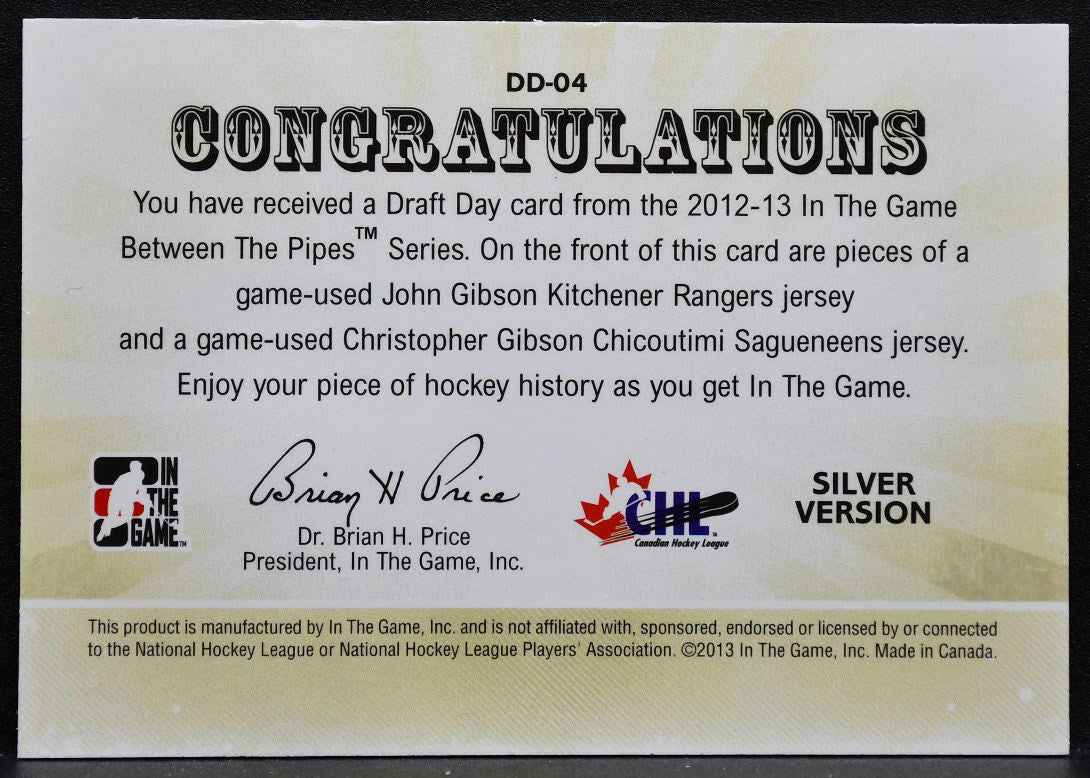 2012-13 In The Game Between Pipes Draft Day Silver Gibson/Gibson Patch 5635