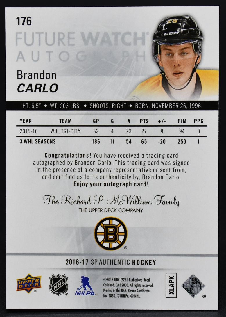 2016-17 SP Authentic Future Watch Autograph Brandon Carlo 176 RC Auto 585/999