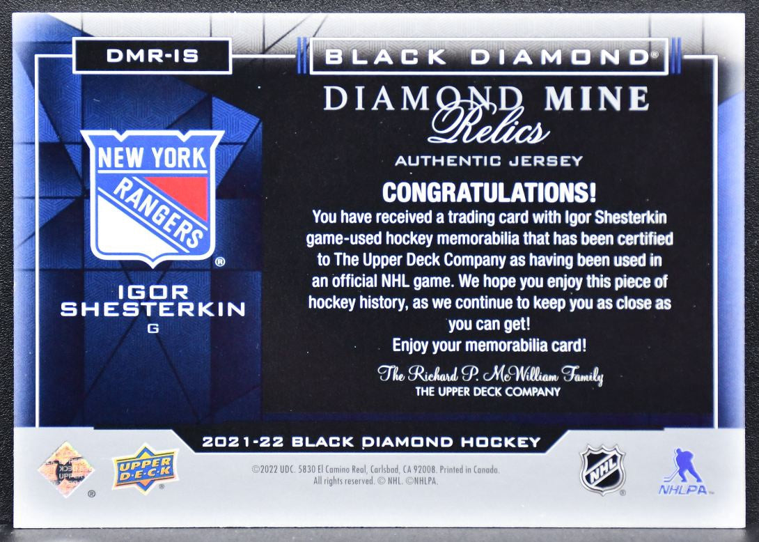 2021-22 Upper Deck Black Diamond Mine Relics Igor Shesterkin DMR-IS Jersey 7992