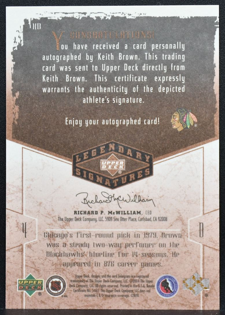2004-05 Upper Deck Legendary Signatures Auto Keith Brown KB Blackhawks Auto 7938