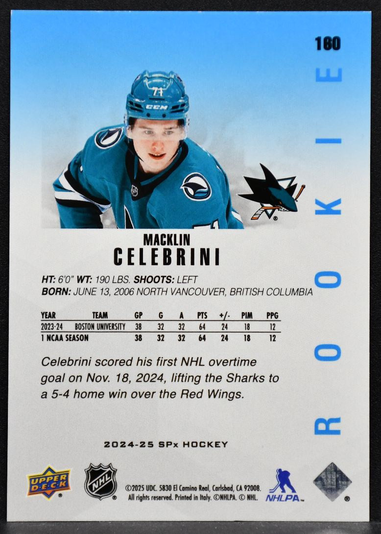2024-25 SPx Rookie Macklin Celebrini 160 San Jose Sharks RC