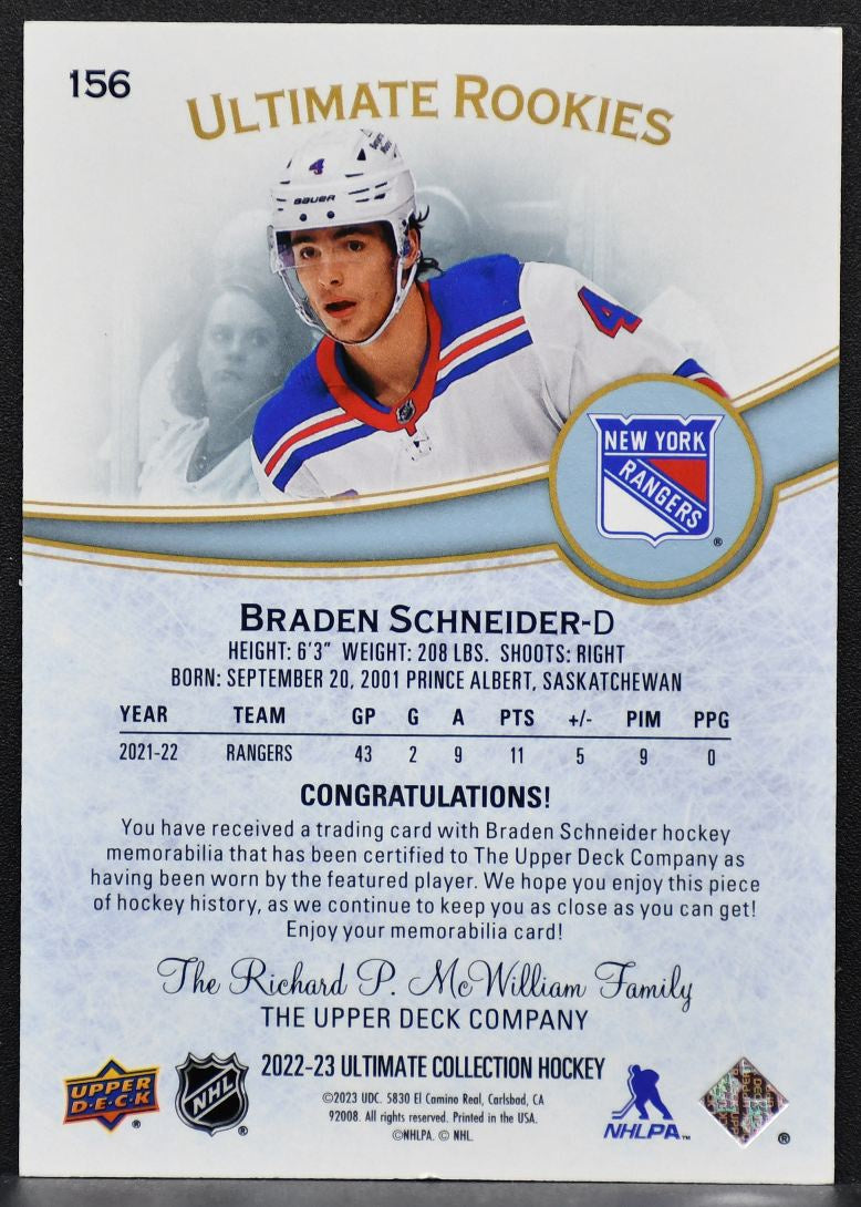 22-23 UD Ultimate Collection RC Jersey Braden Schneider 156 Rangers RC /799 7406
