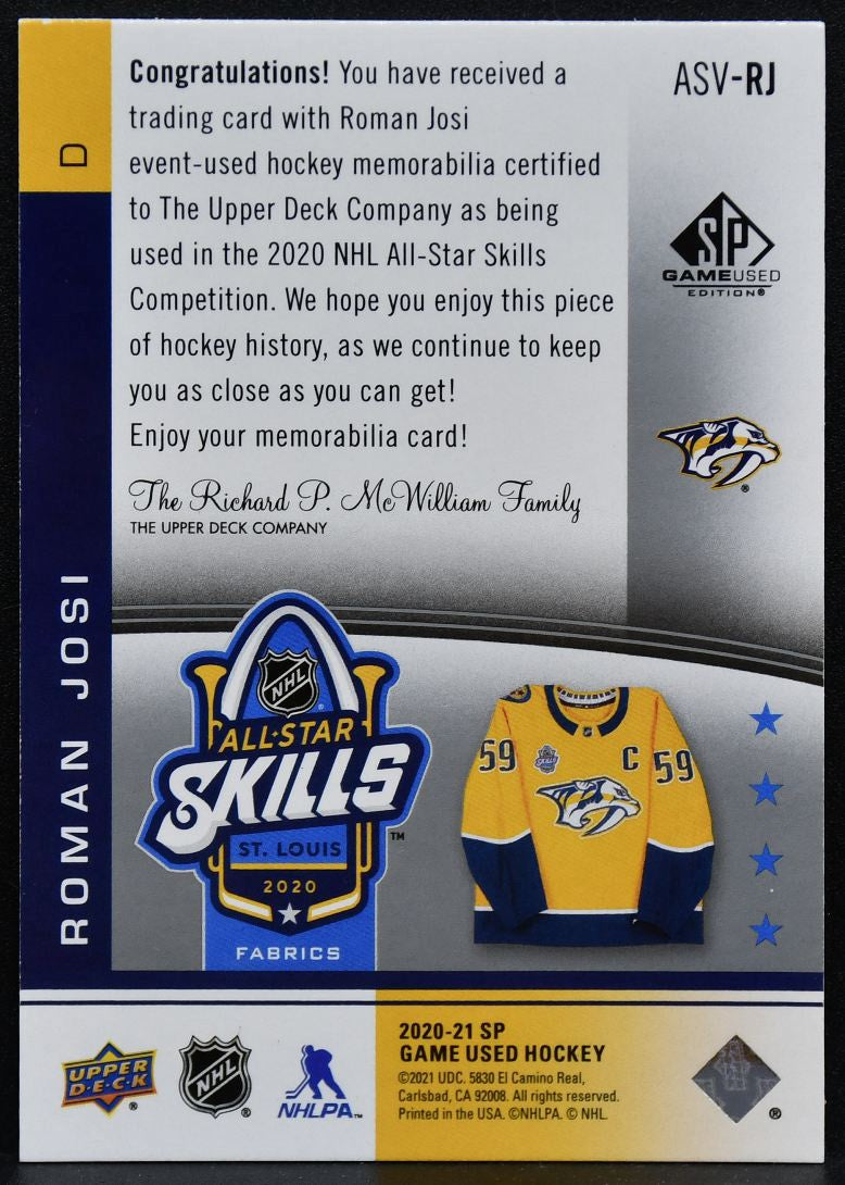 2020-21 SP Game Used NHL All-Star Skills Fabrics Josi Predators Jersey 3510