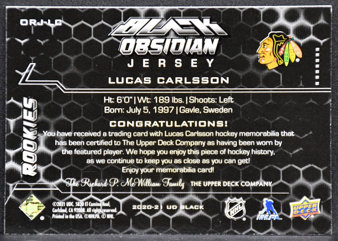 20-21 UD Black Obsidian Jersey RCs Jersey Carlsson Blackhawks RC /399 Jersey 4213