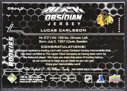 20-21 UD Black Obsidian Jersey RCs Jersey Carlsson Blackhawks RC /399 Jersey 4213