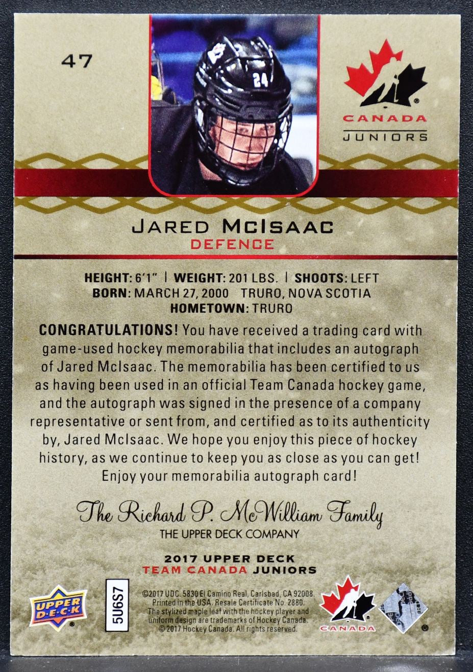 2017-18 UD Juniors Premium Materials Autographs Jared McIsaac Team Canada /199