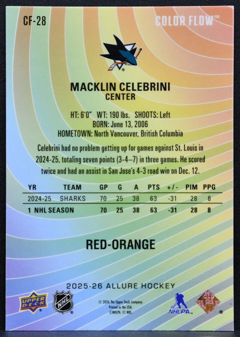 2025-26 Upper Deck Allure Color Flow Red-Orange Macklin Celebrini Sharks 4483