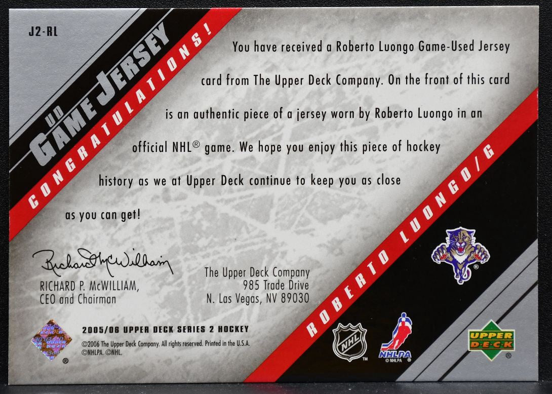 2005-06 Upper Deck Series 2 UD Game Jersey Roberto Luongo Panthers Jersey 5550