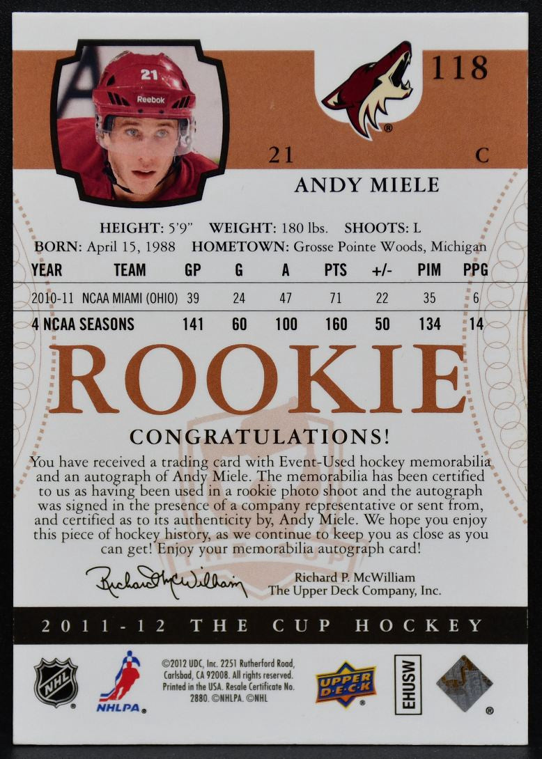 2011-12 UD The Cup RC Patch Andy Miele 118 Coyotes RC Auto 132/249 Patch 2858