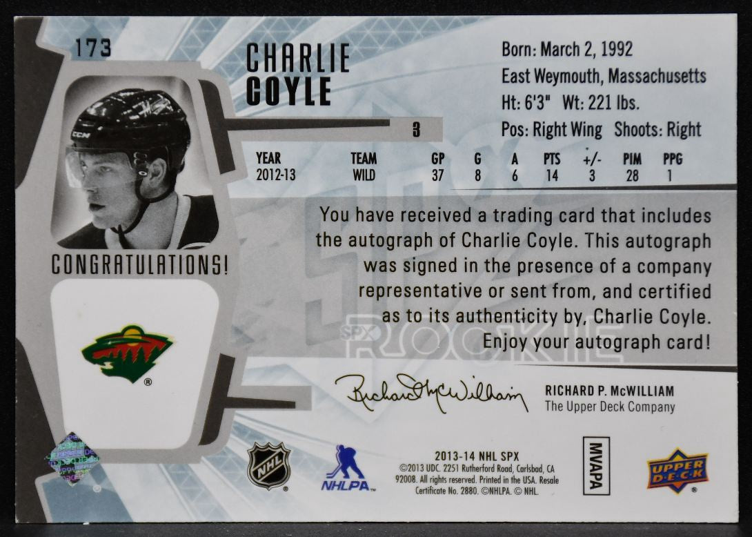 2013-14 SPx Rookie Autograph Dual Jersey Charlie Coyle 173 RC Auto Jersey 4174