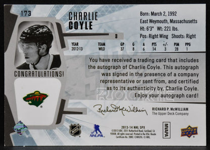 2013-14 SPx Rookie Autograph Dual Jersey Charlie Coyle 173 RC Auto Jersey 4174