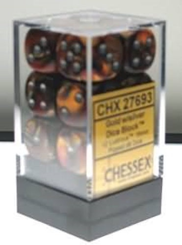 Lustrous 12 * D6 Gold / Silver 16mm Chessex Dice (CHX27693)