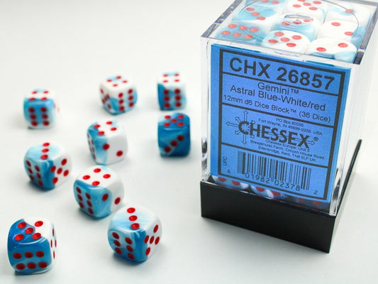 Gemini 36 * D6 Astral-Blue White / Red 12mm Chessex Dice (CHX26857)